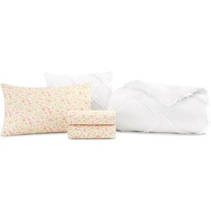 Laura Ashley - Twin XL Bedding Bundle, Includes Reversible Comforter with Matching Sham & Cotton Percale Sheet Set, Crisp & Cool, Floral Dorm Room Essentials (Pink/White)