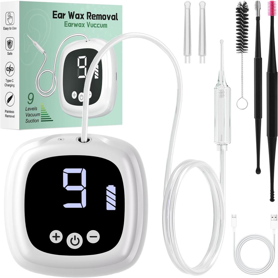 Ear Vacuum Wax Remover, Ear Wax Removal Kit with 9 Levels Strong Suction, Electric Ear Wax Remover Ear Vacuums, USB Rechargeable Reusable Ear Suction Vacuum Tool (White)