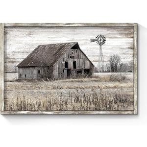 SunFlax Wood Wall Art Farmhouse Picture: Vintage Brown Rural Office Artwork Large Rustic Barn and Windmill Framed Painting for Living Room Bedroom Home, Size: 45"L x 30"W