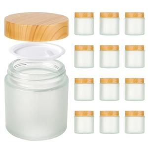 4oz Jars with Lids, Hoa Kinh 12 Pack Frosted Glass Jars with Lids Empty Cosmetic Containers Round Airtight Glass Jar with Inner Liners and Woodgrain Lid for Storing Lotions, Powders, and Ointments