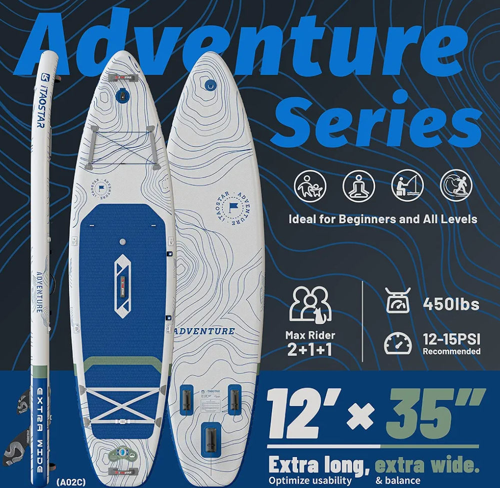 Adventure 12’×35"/39" Extra Wide Paddle Board, One-Stop Premium SUP Board Accessories, Tailored 5 Fins, Stable Inflatable Stand Up Paddle Boards for Youth/Adults of All Skill Levels