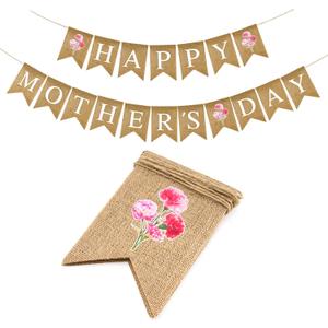 G2PLUS Happy Mother's Day Banner, Pre-strung Mothers Day Decorations Burlap Banner Garland with Carnation, Rustic Mothers Day Party Bunting Decor for Home Wall Photo Backdrop Indoor Outdoor