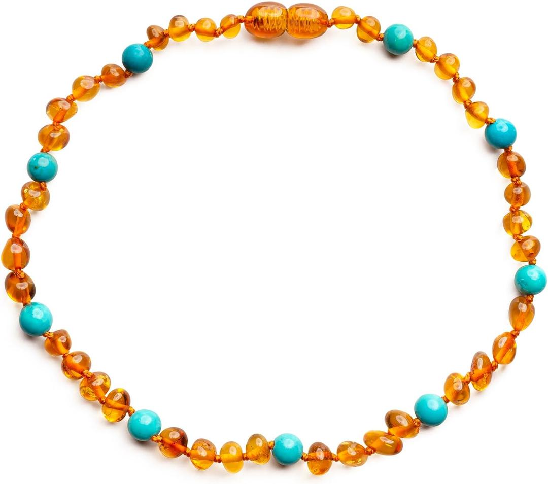 Baltic Proud Amber Necklace for Women and Men (Authentic, Certified) - 18 inches, Cognac Turqouise Polished - Unisex Jewelry for Adults - Bead Necklace