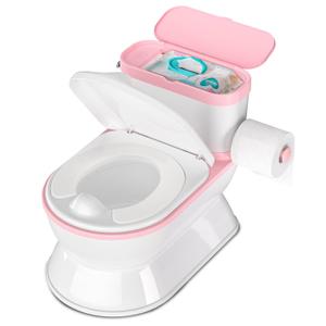 2-in-1 Toddler Potty Training Toilet - Larger Potty Chair & Detachable Training Seat for Boys & Girls Ages 1-3 with Flushing Sound, Wipes Storage, Toilet Paper Holder - Pink