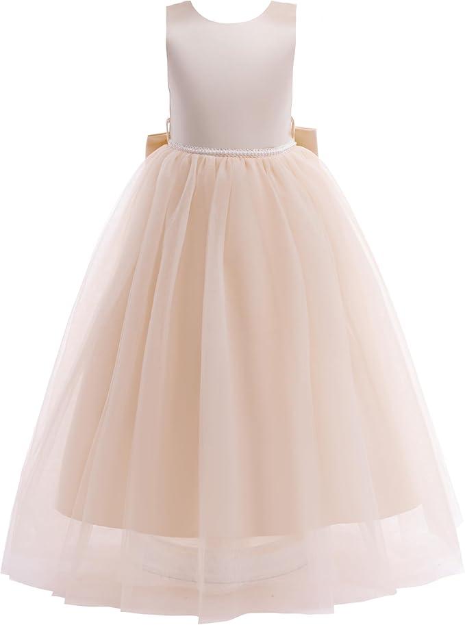 Flower Girls Satin Bridesmaid Dress V Open Back Long A Line Wedding Pageant Dresses Princess Party Ball Gown Size 06