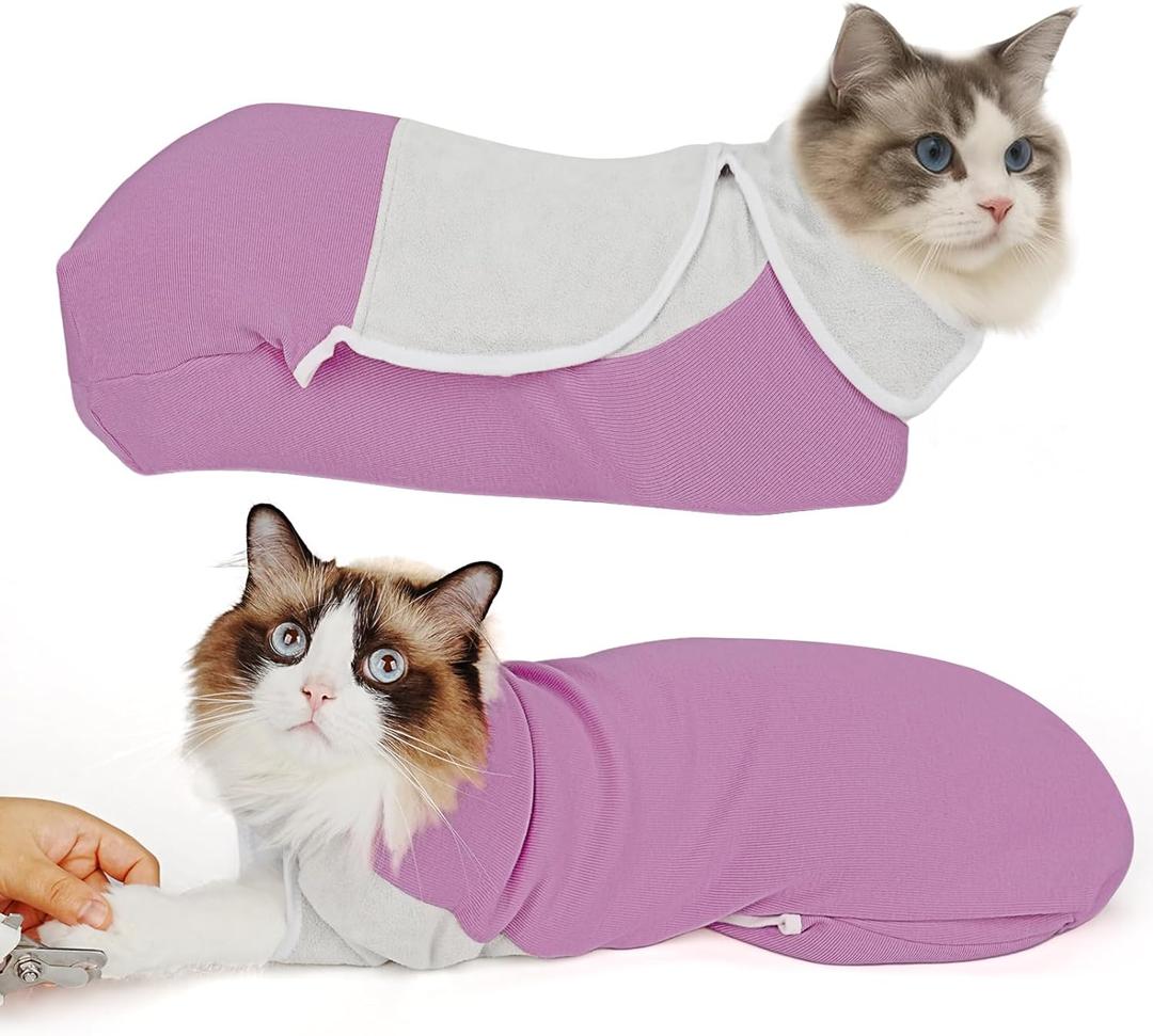 Self-Adhesive Cat Grooming Wrap, Cozy Cat Wrap for Cutting Nails, Breathable Anti-Scratch Cat Swaddle Bag for Brushing, Ear Cleaning, Dental Care, Medication, Injections, Pinkish Purple S