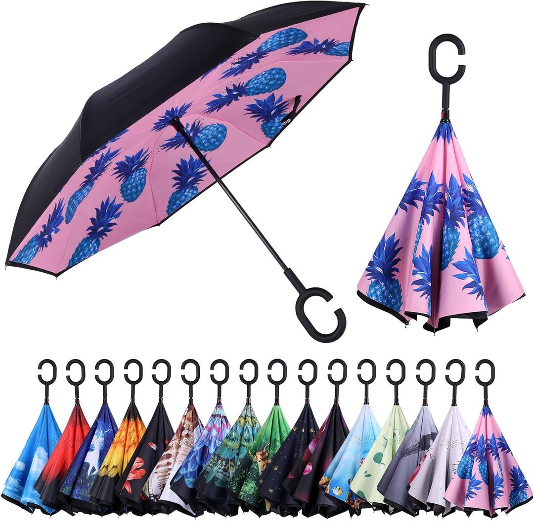 Inverted Umbrella, Windproof Reverse Umbrellas for Rain with Reversible Inside-Out Design Large Upside Down Umbrella for Women & Men with C-shaped Handle (Pineapple)