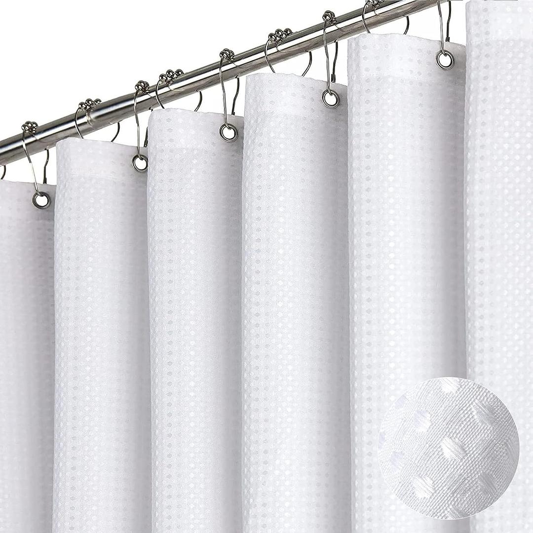 Dynamene White Fabric Shower Curtain Waffle Weave Heavy Duty Hotel Luxury Cloth Shower Curtains for Bathroom, 72 Inch 256GSM Weighted Bath Curtain Set with 12 Plastic Hooks, 72x72