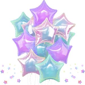 Iridescent Star Balloons, 9Pcs 18Inch Transparent Crystal Star Foil Balloon, Gradient Iridescent Pink Purple Green Pentagram Balloon for Princess Birthday Wedding Easter Party Decoration Mermaid Theme