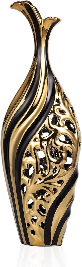 19 Inch Tall Floor Vase, Black and Gold Ceramic Vase, Pottery Decorative Vase, Unique Pampas Grass Vase for Living Room Floor, Home Office, Porch Home Centerpieces Decorative Large Vase