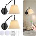 Black Wireless Wall Sconces Set of Two, Swing Arm Battery Wall Sconce, Battery Operated Wall Sconce with Remote, Battery Sconces with Linen Lampshade, Rechargeable Wall Lights for Living Room