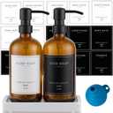 Thick Glass Soap Dispenser - Kitchen Dish Hand Soap Dispenser Set, Rustproof Pump Soap Lotion Dispenser Bathroom with Tray,14 Stickers for Kitchen Decor Amber Bottle/Black Pump