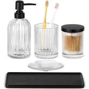 Shinowa Bathroom Accessories Set, 5 Pcs Clear Glass Bathroom Accessory Sets Complete with Soap Dispenser, Toothbrush Holder, Q-Tips Holder, Soap Dish, Ceramic Tray, Countertop Vanity Organizer