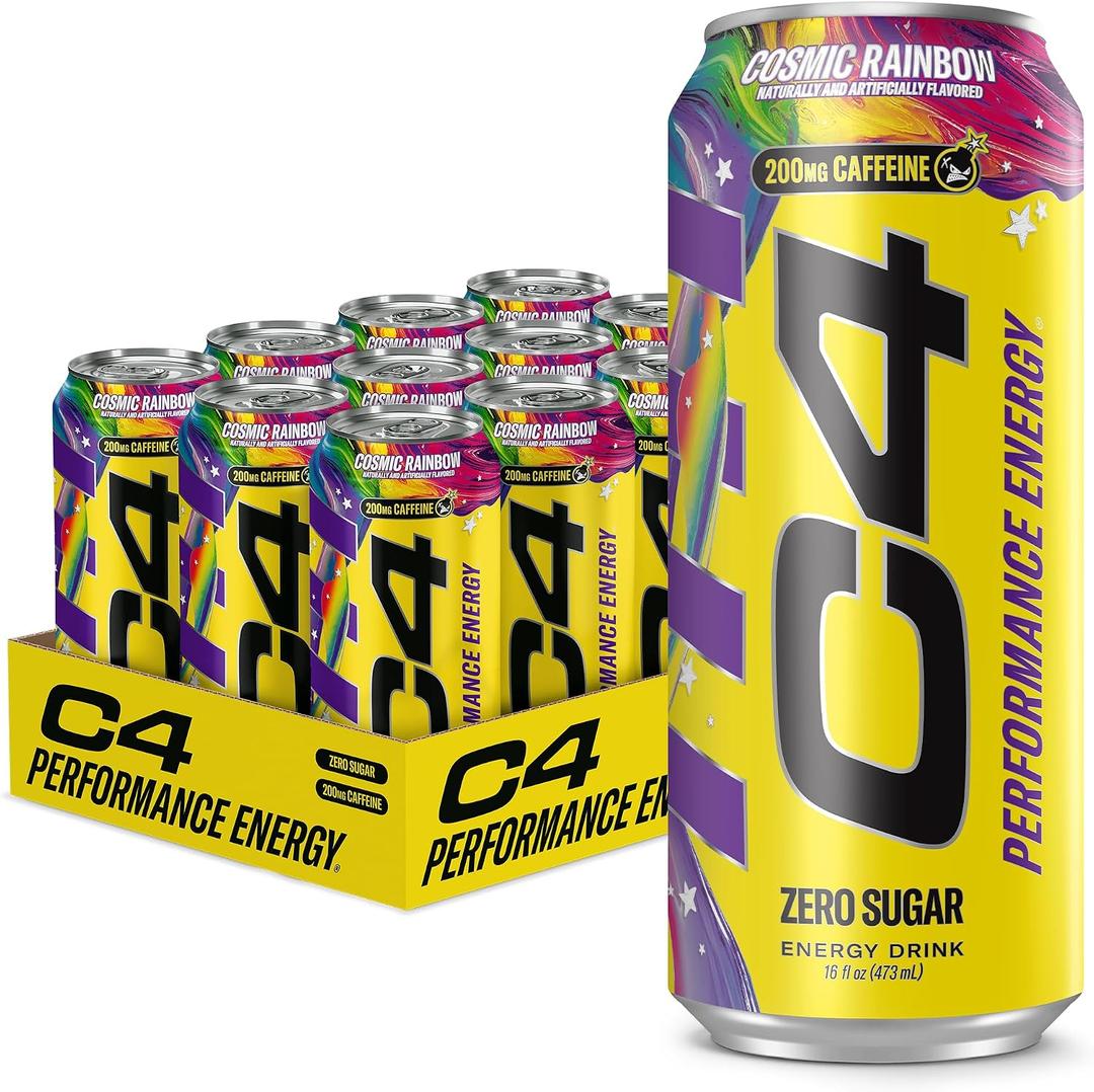 C4 Performance Energy Drink Cosmic Rainbow, Zero Sugar Carbonated Preworkout Energy, 200mg Caffeine with Beta Alanine, 16 Fl Oz (12 Pack), Packaging May Vary (EXP 02/01/27)