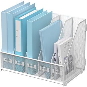 SUPEASY Desk Organizers Metal Desk Magazine File Holder with 5 Vertical Compartments Rack File Organizer for Office Desktop, Classroom, Home Workspace, White