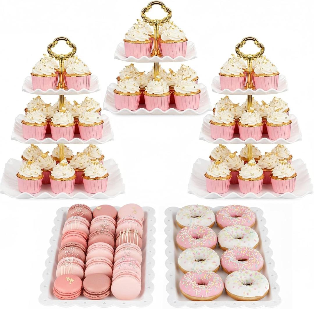 NWK 5 Piece Cake Stand Set with 2 x 3-Tier Cupcake Stands, 1 x2-Tier Cupcake Stands, 2 x Appetizer Trays, for Wedding Birthday Baby Shower Tea Party Decorations (Gold)