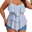 B2prity Women Plus Size Tankini Swimsuits Tummy Control Two Piece Bathing Suit Ruffled Flounce Swimwear with Shorts (X-Large, Stripe)