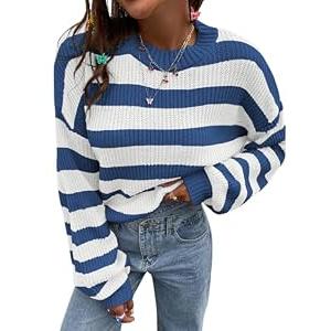 SOLY HUX Women's Color Block Striped Knit Tops Casual Long Sleeve Drop Shoulder Sweater Pullovers Blue and White, X-Small
