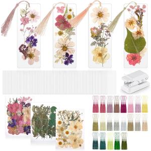 Fuyoooo 376 Pcs Dried Flower Bookmark Making Kit, DIY Bookmark Laminating Pouches with Tassels and Puncher DIY Project Gifts for Mother's Day Women Book Lovers (Boho Color,2 x 6 Inch)
