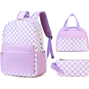 Sunborls Teens Girls Lightweight and Large Capacity Waterproof Bookbags Backpack with Lunch Box and Pencil Case 3 in 1 Back To School Gift Bookbag Casual Daypack Travel Laptop Backpack, Plaid Purple 