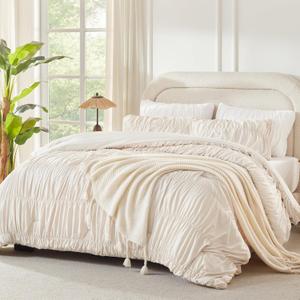 Andency Ruched Beige Full Size Comforter Sets, Shabby Chic Pleatd Bedding Sets 3 Pieces, Lightweight Soft Boho Ruffle Bed Set for Girls, Kids, Women, All Season (Full (79"x90"))