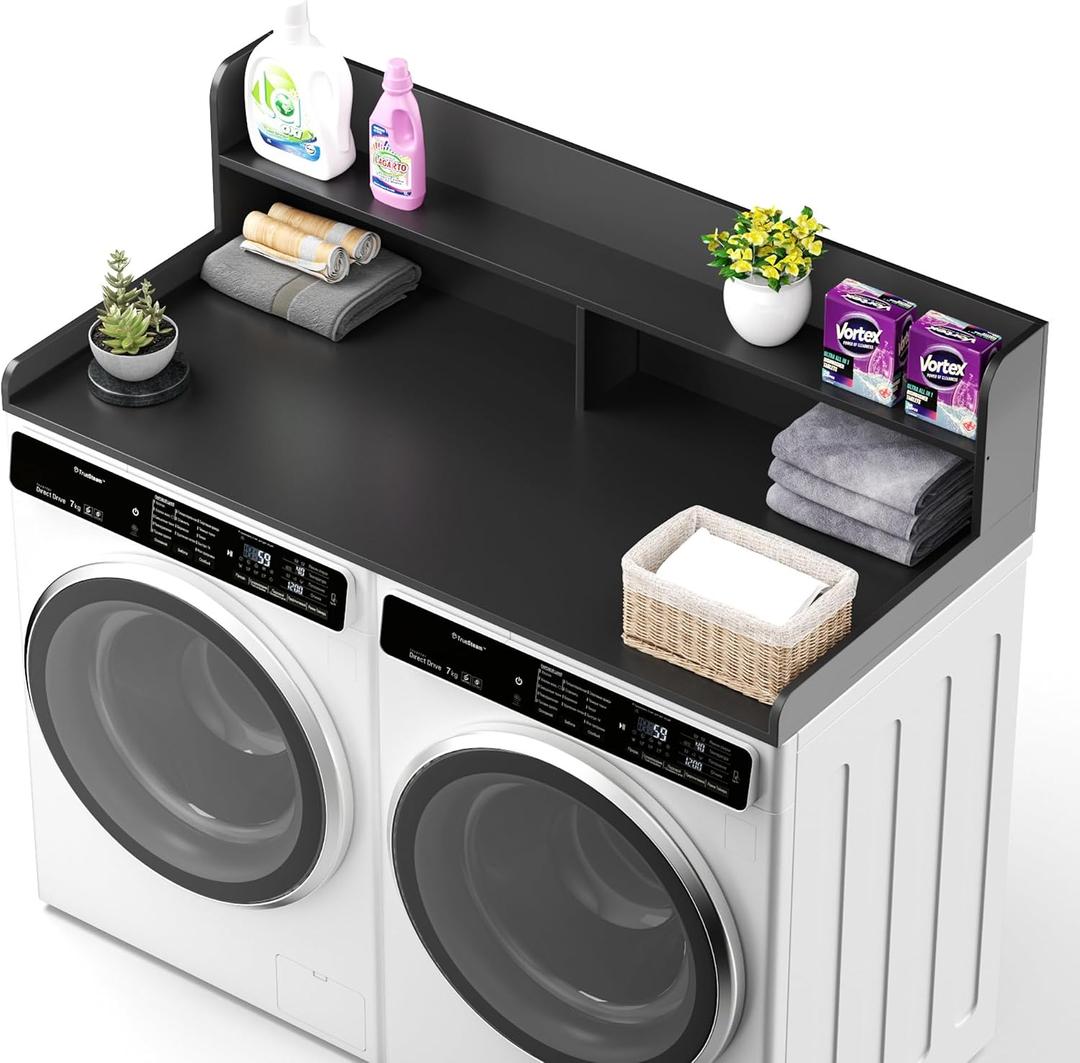 Washer Dryer Countertop with Non-Slip Pads, 2.75" H Guard, 54" W x 27.5" D Wood Laundry Countertop Cover, Large Space Washer Dryer Topper for Laundry Room Organization(Black)
