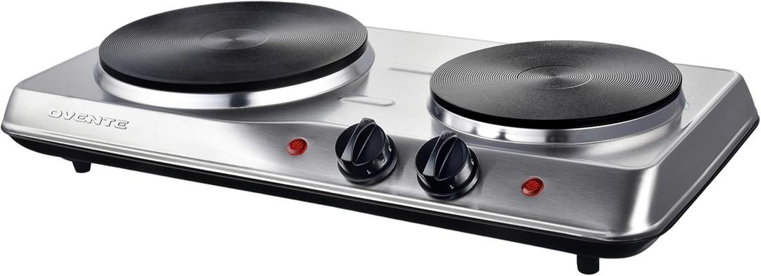OVENTE Electric Countertop Double Burner, 1700W Cooktop with 7.25" and 6.10" Cast Iron Hot Plates, Temperature Control, Portable Cooking Stove and Easy to Clean Stainless Steel Base, Silver BGS102S (BGS102S)