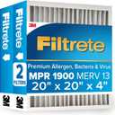 Filtrete 20x20x4 AC Furnace Air Filter, MERV 13, MPR 1900, Premium Allergen, Bacteria & Virus Filter, Electrostatic Air Cleaning Filter, 2-Pack (Actual Size 19.75 x 19.75 x 4.31 in)