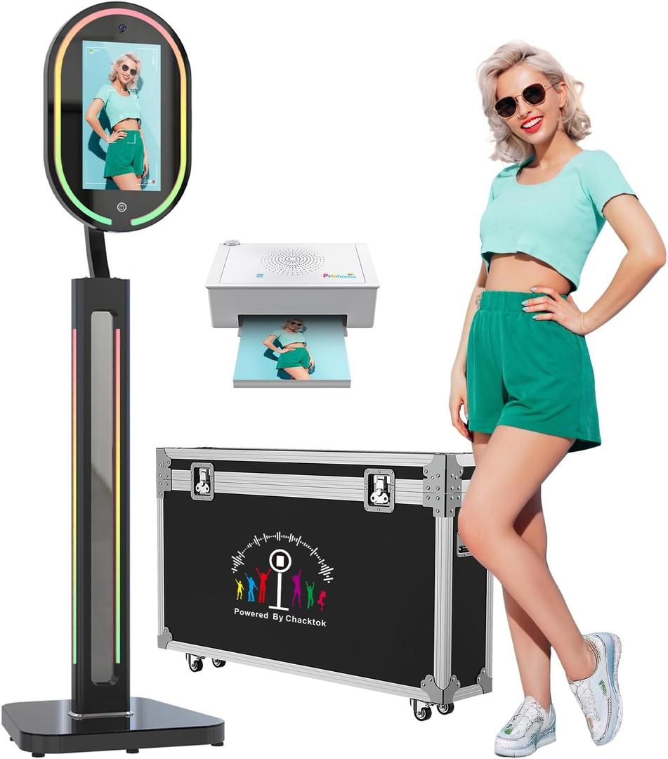 MWE Magic Mirror Photo Booth Touch Screen with Printer and 1200W Pixel 4K HD Camera,RGB Surround Light Music Sync,Mirror Video Booth with Software APP Remote Control (16in+Printer) (Black, 16in)