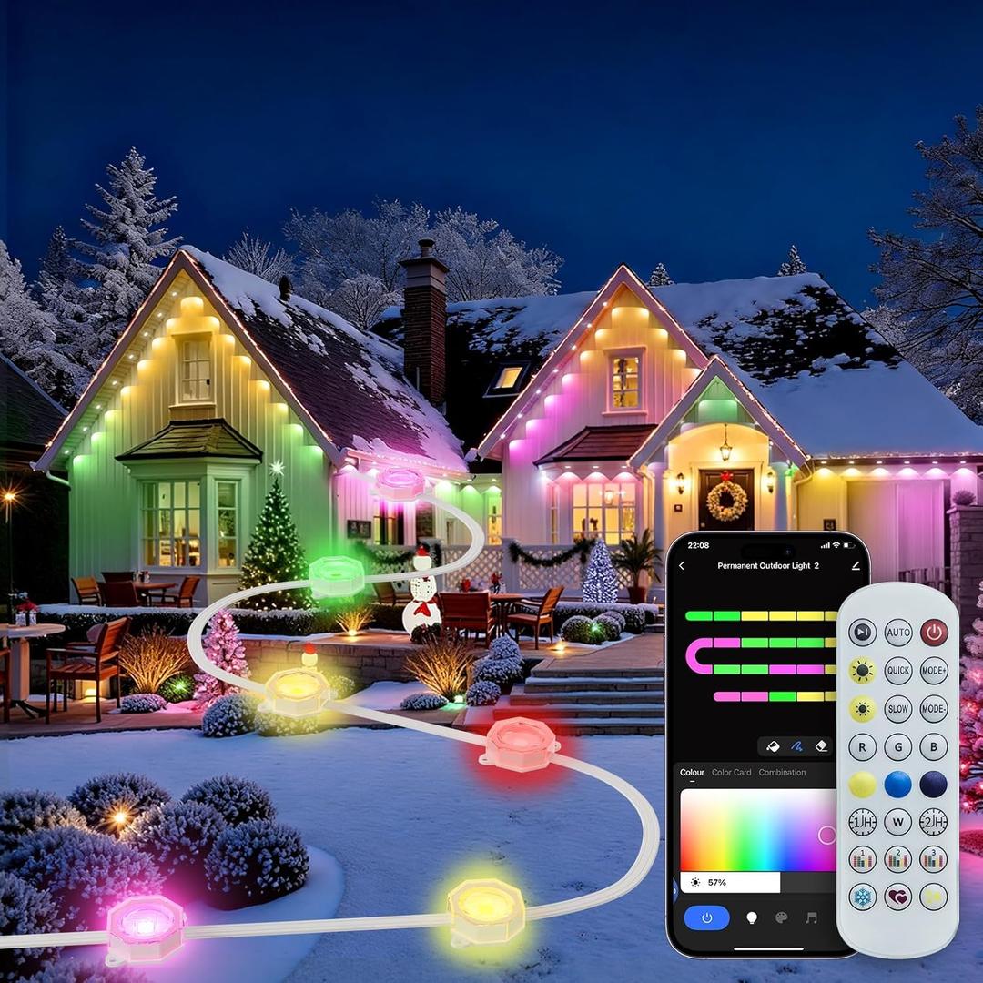 Permanent Outdoor Lights for House, IP67 Waterproof with 60 RGB+IC House Lights, 99.8ft Smart Christmas Lights Outdoor, DIY Scene for Halloween, Christmas Decor, Work with Google Assistant, Alexa