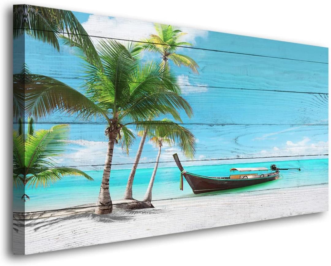 Beach Picture Canvas Prints Coconut Tree Ocean Wall Art Home Decor Natural Seascape Paintings for Living Room Bathroom Bedroom Office Kitchen Decorations Wooden Framed Landscape Artwork 28x57 inchs