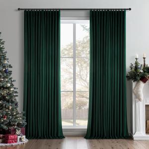 Drapenova102 Inches Long Green Velvet Curtains for Bedroom Living Room Eelgant Pinch Pleated Room Darkening Thermal Insulated Drapes with Hooks & Back Tab,Christmas Green Decorative Curtain 2 Panels