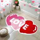 Valentines Bathroom Rug Non-Slip Love Shaped Heart Rug Pink Red Toilet Shower Mat Cute Decor for Bedroom Porch Entryway Floor Door Kitchen Washable Carpet for Home Living Room Decorations