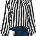 SOFIA'S CHOICE Women's Striped Long Sleeve Blouse Shirts Pleated Mock Neck Ruffle Top Black White Small