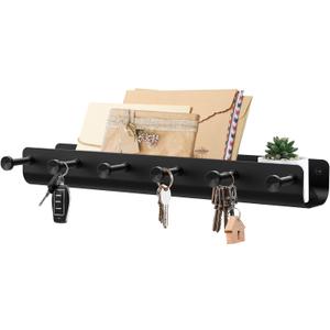 Key Holder Wall Mount, Black Metal Key Rack with Tray Narrow Key Holder with Shelf Key Organizer Wall Key Hanger with 6 Key Hooks for Entryway Doorway Hallway Camper Large