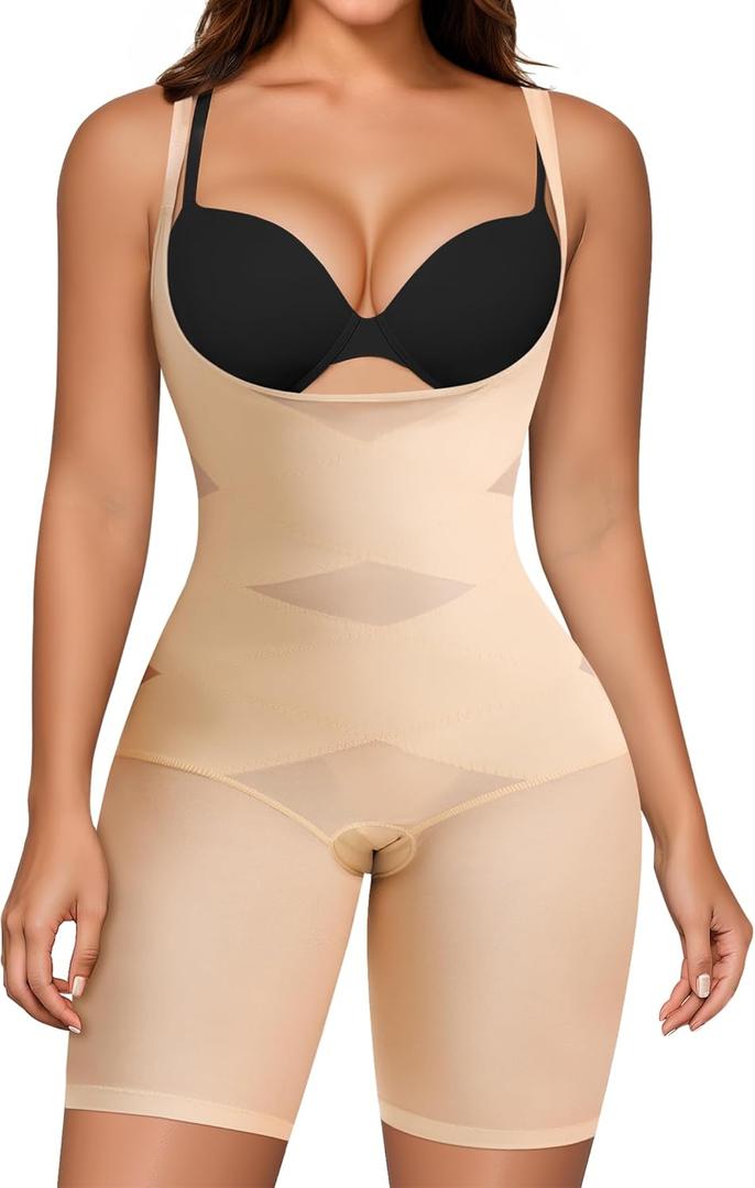 Nebility Tummy Control Shapewear Bodysuits Open Bust Full Body Shapewear Seamless Faja Body Shaper (Medium, Beige)