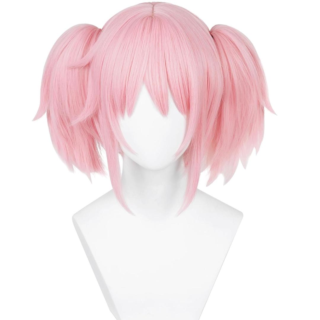 Half and Half Mado-ka Cosplay Wig Pink Anime Ponytail Wigs with Bangs Short Light Pink Cute Lolita Twin Tails Wig for Women Halloween Party Costumes
