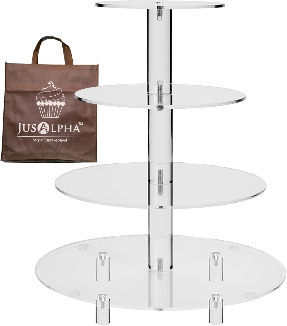 Jusalpha Large 4 Tier Acrylic Round Cake Stand Cupcake Stand Dessert Tower Tea Party Serving Platter, Cupcake Tree Wedding Party Dcor, Stand with Rod Feet (4RF)