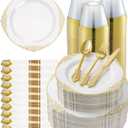 Goodluck 350 Piece Gold Plastic Dinnerware Set for 50 Guests, Fancy Disposable Plates, Include: 100 Gold Rim Plastic Plates, 150 Silverwares, 50 Pre Rolled Napkins, 50 Cups for Party, Wedding