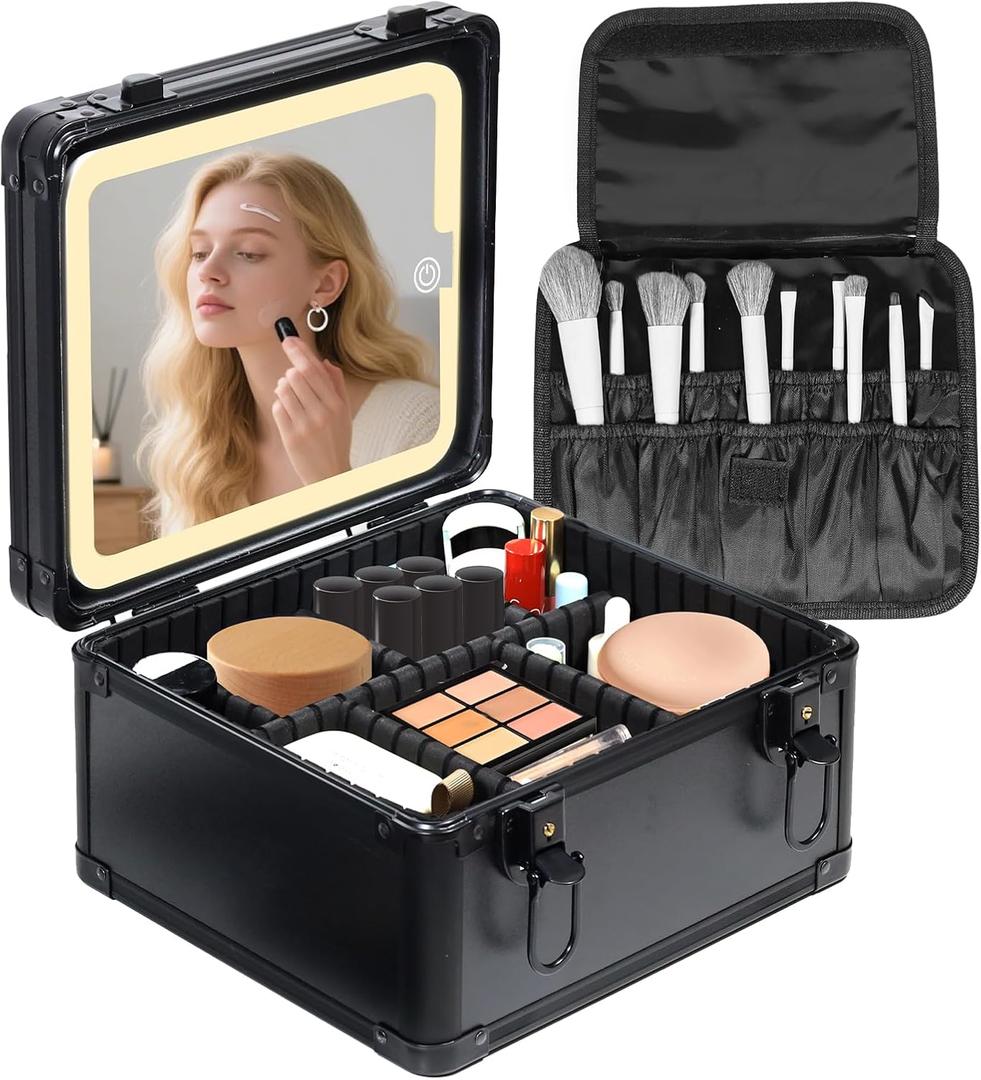Travel Makeup Case with Lighted LED Mirror  Waterproof Cosmetic Organizer with Adjustable Dividers, Portable Makeup Train Case for Women, Black