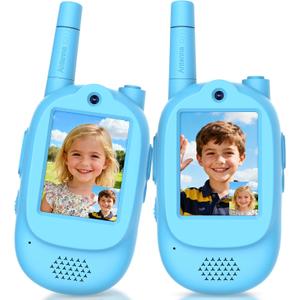 Video Walkie Talkies for Kids, 2 Pack Rechargeable HD Screen Walkies Talkies with 600 FT Outdoor Range, Voice Changer, Watch Straps & Lanyards Camping Trips Gift for Boys Girls Ages 3-12 (Blue)