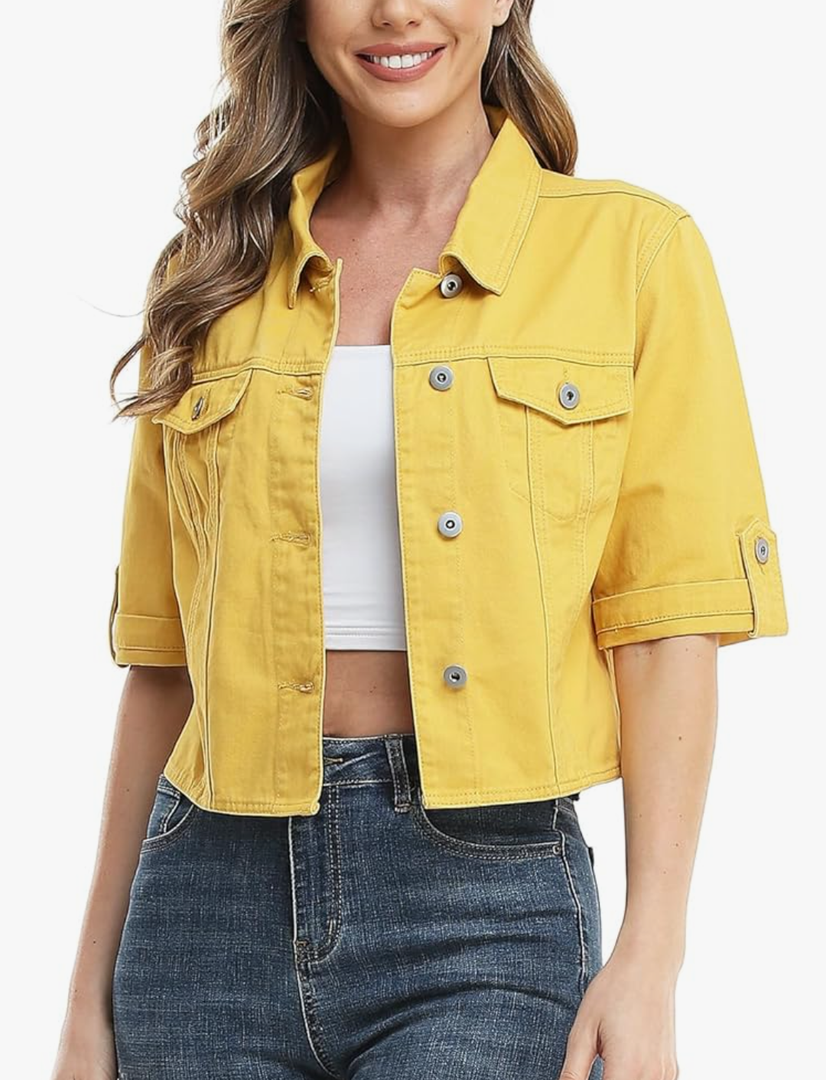 MISS MOLY Women's Cropped Denim Jackets Summer Short Sleeve Classic Casual Jean Jackets M