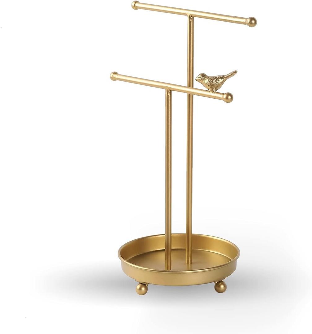 SOFFEE DESIGN Tabletop Jewelry Tower Display Rack Organizer Stand Double T-Bars, Golden Jewelry Holder with Round Tray for Hanging Necklace Ring Bracelet Earring Storage Free Standing Bird Decor