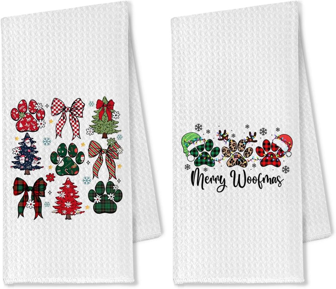 Christmas Dog Kitchen Towels - Set of 2, Coquette Bows Christmas Tree Hand Dish Towels, 16x24 Inches