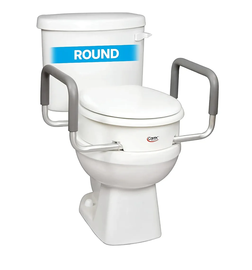 Carex 3.5 Inch Raised Toilet Seat with Arms, Round Toilet Seat Riser, 300 lbs Capacity, Elevating and Raising Seat for Elderly and Handicap, Universal, Slip-Resistant with Padded Handles, White