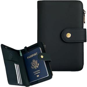 Genuine Leather Passport Wallet, RFID Blocking Passport Holder with Tracker Slot, All in One Travel Wallet for Women/Men, Secure Passport Cover Case for Airport Essentials (Black)