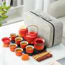 ICHAG Chinese Tea Set, Japanese Tea Sets for Adults, 15-Piece Porcelain Gongfu Tea Set with Teapet & Tea Tray, Japanese Teapot Sets, Travel Tea Party Sets, for Home/Office/Outdoor/Gifts (Red)