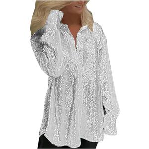 Women's Party Sequin Blouse See Through Lace Long Sleeve Tops Beaded Sparkly Novel Shirts Elegant Casual Sparkly Tees, Size M