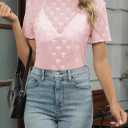 Women's Mesh Lace Top Sheer Short Sleeve T Shirt Mock Neck Summer Blouses (Pink, L)