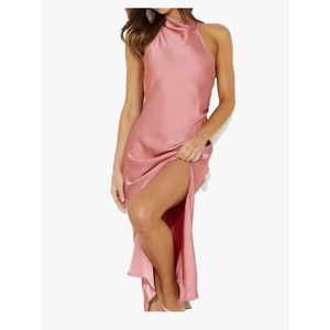 Satin Halter Backless Silt Midi Dress for Women 2024 Elegant Formal High Neck Cowl Back Silk Wedding Guest Sexy Dresses M